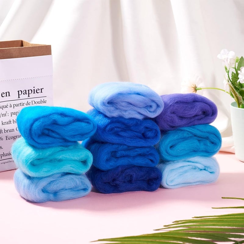 Boutigem 10 Colors Blue Needle Felting Wool 50g, 1.76oz Blue Wool Roving for Needle Felting, Soft Spinning Felting Wool Supplies for DIY Crafts, Felting, Blending, Weaving and Hand Spinning - Image 5